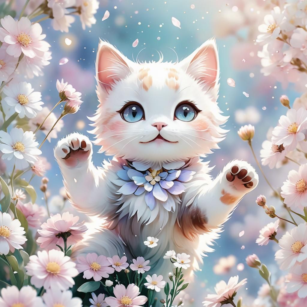 Cute Cat Among Flowers in Anime Style