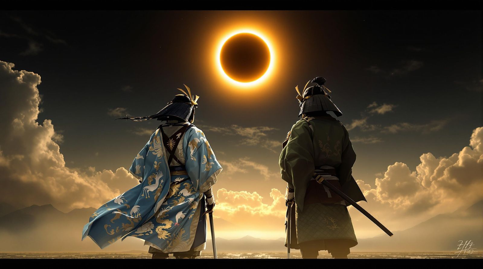Samurai stand under Lady Sun and Lord Moon