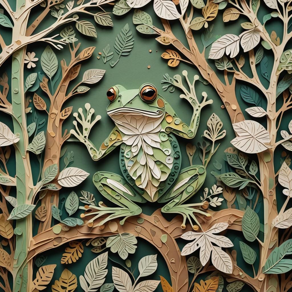 Whimsical Tree Frog Collage in Folk Art Style