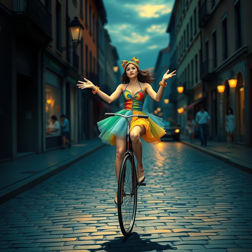Woman on Unicycle in Dreamy Surrealist Style