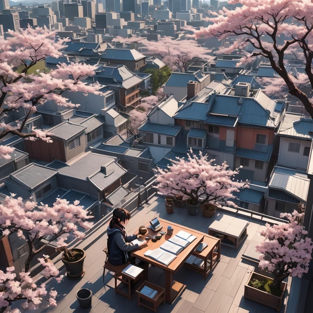 Rooftop Study Session with Cherry Blossom View