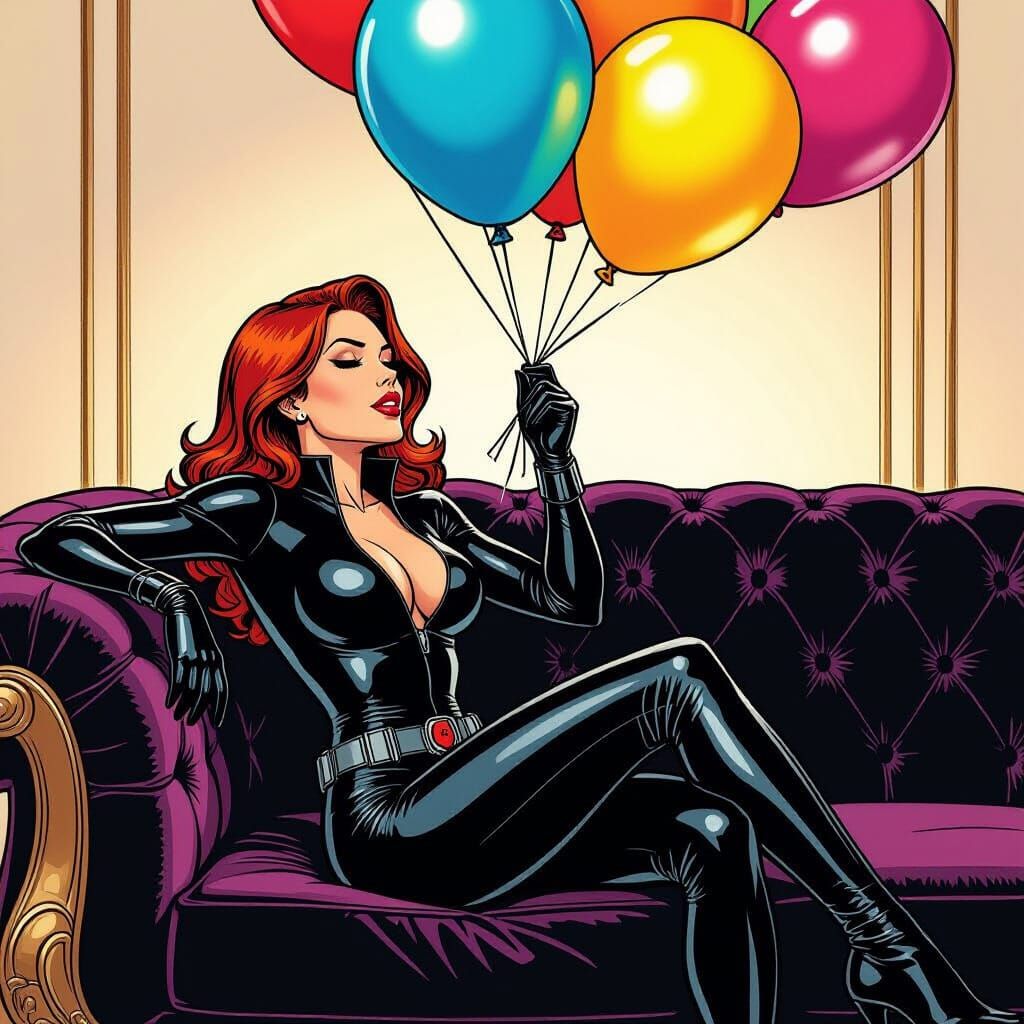 Black Widow Pops Birthday Balloon in Comic Style