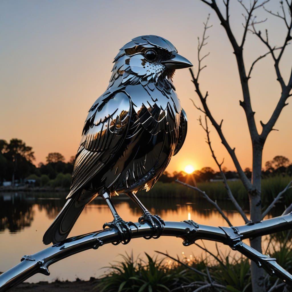 Chrome Bird Perched at Sunset