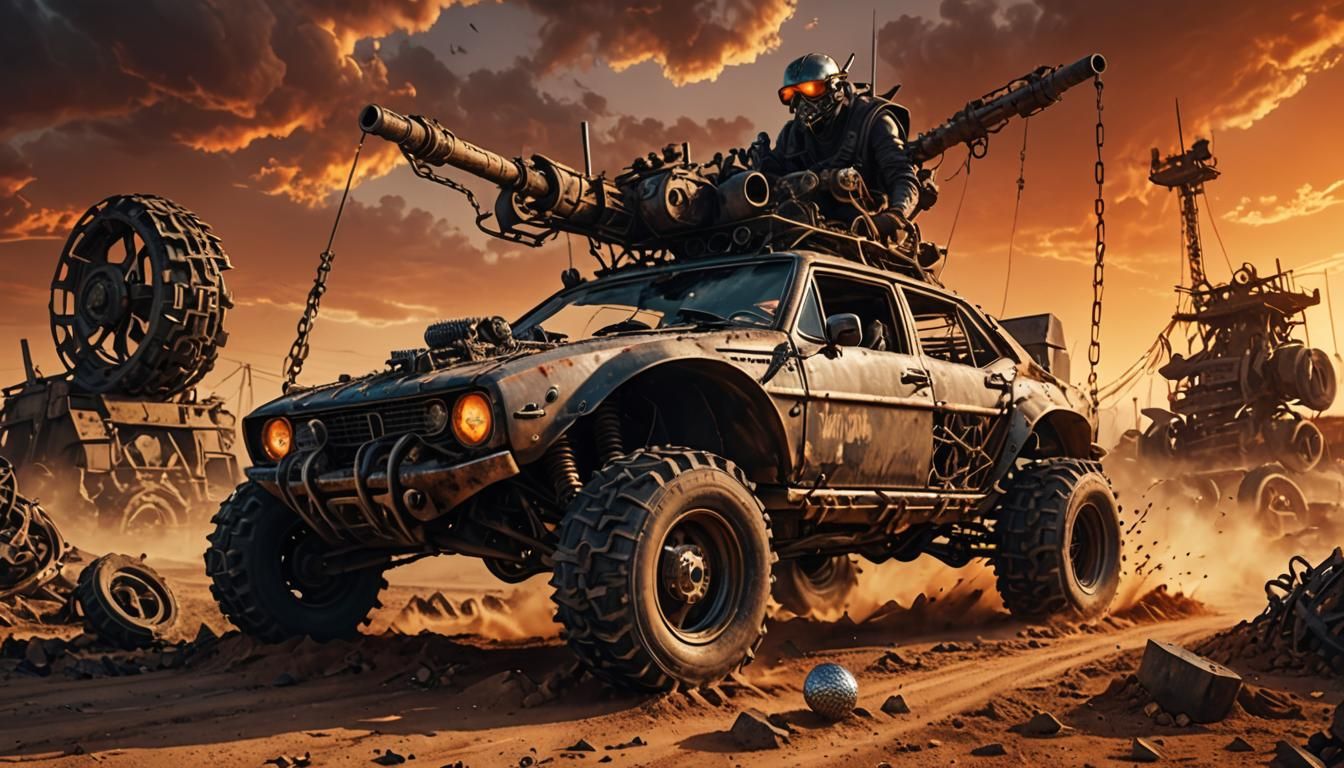 Post-Apocalyptic Dieselpunk Vehicle in Wasteland Sunset