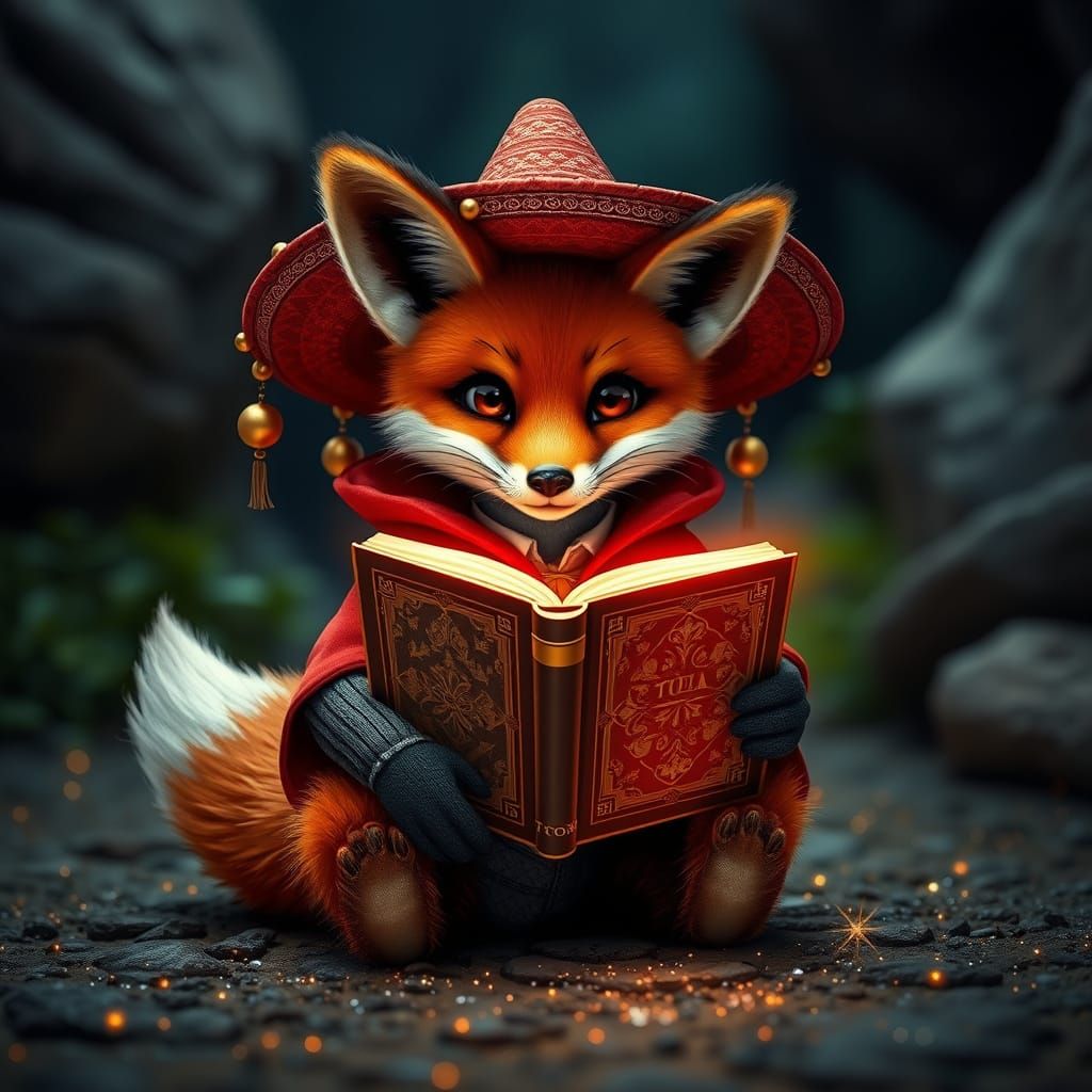 Fox with Sombrero Reading Glowing Book