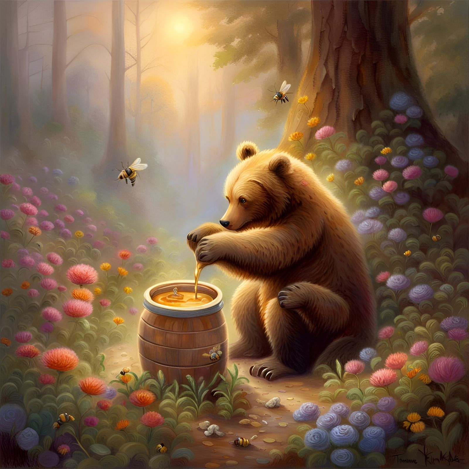 Honey Bear's Delight: A Colorful Forest Painting