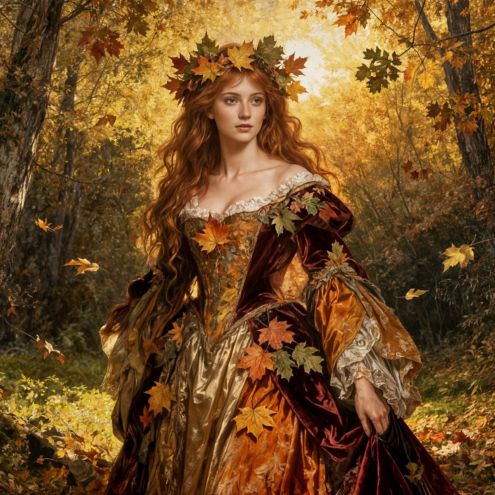 Autumn Woman in Opulent Dress as Painterly Oil Painting