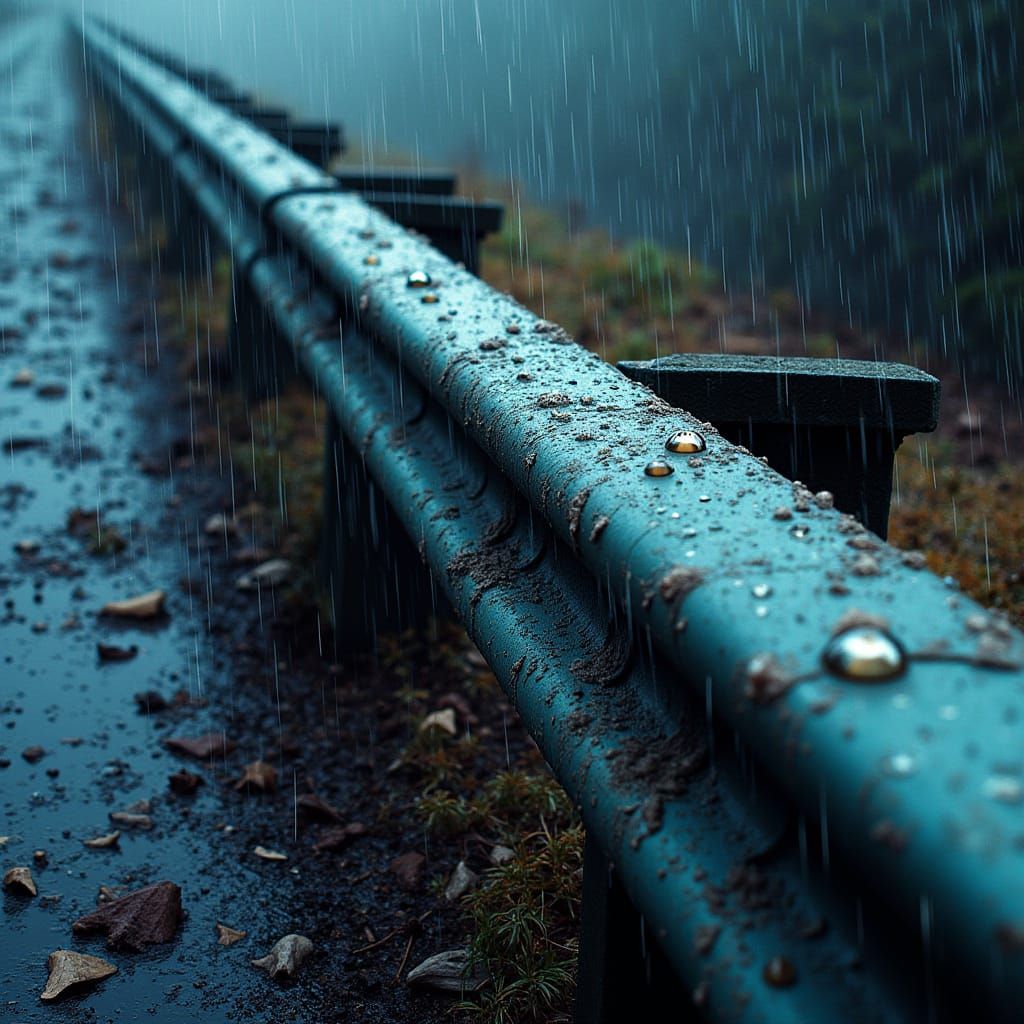 Mangled Guardrail in Rain: A Comic Book Illustration