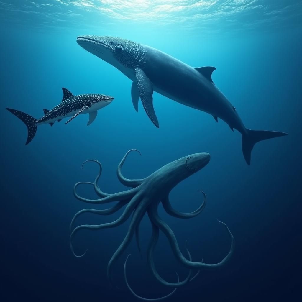 Blue Whale, Whale Shark, and Giant Squid in Deep Ocean
