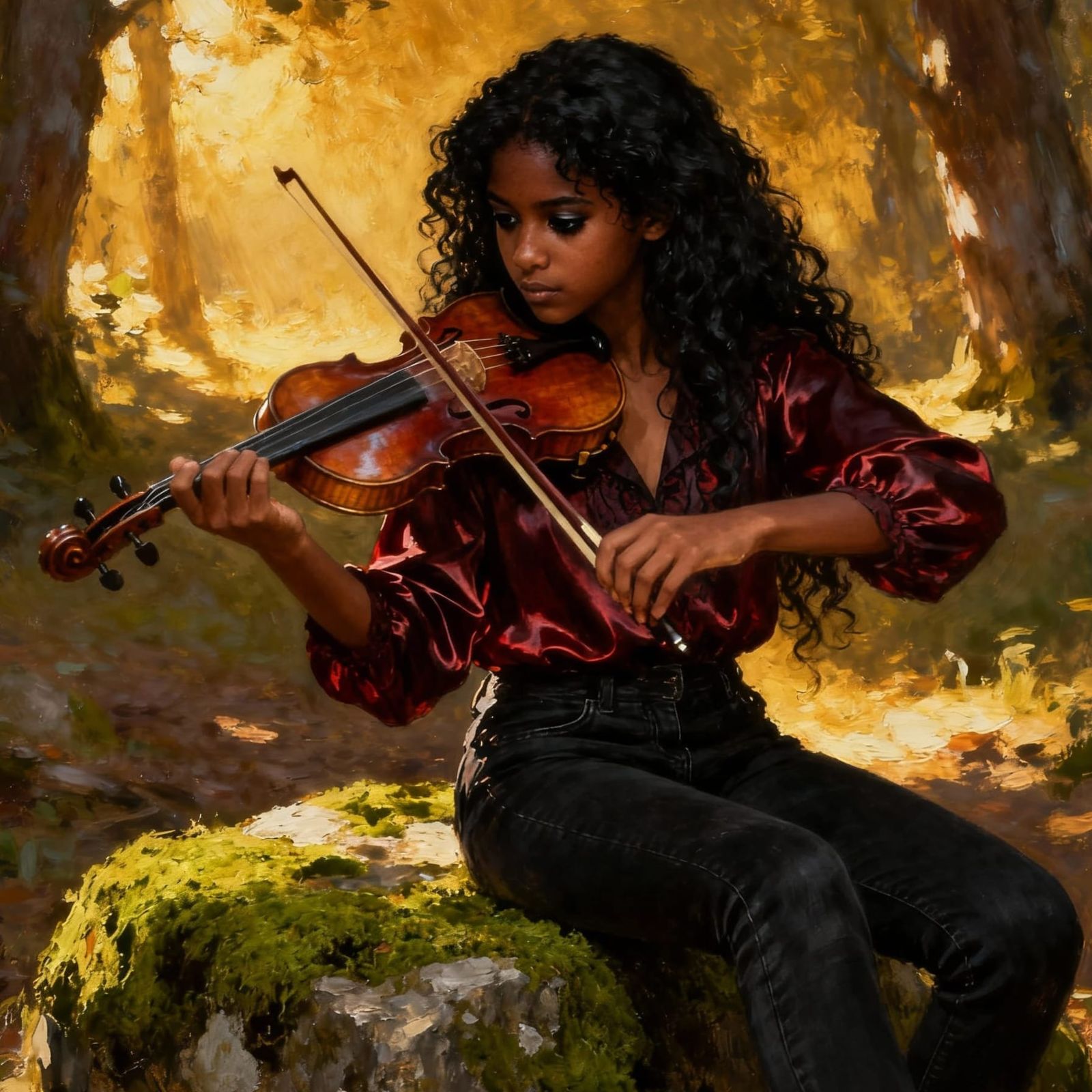 Girl Playing Violin in Forest
