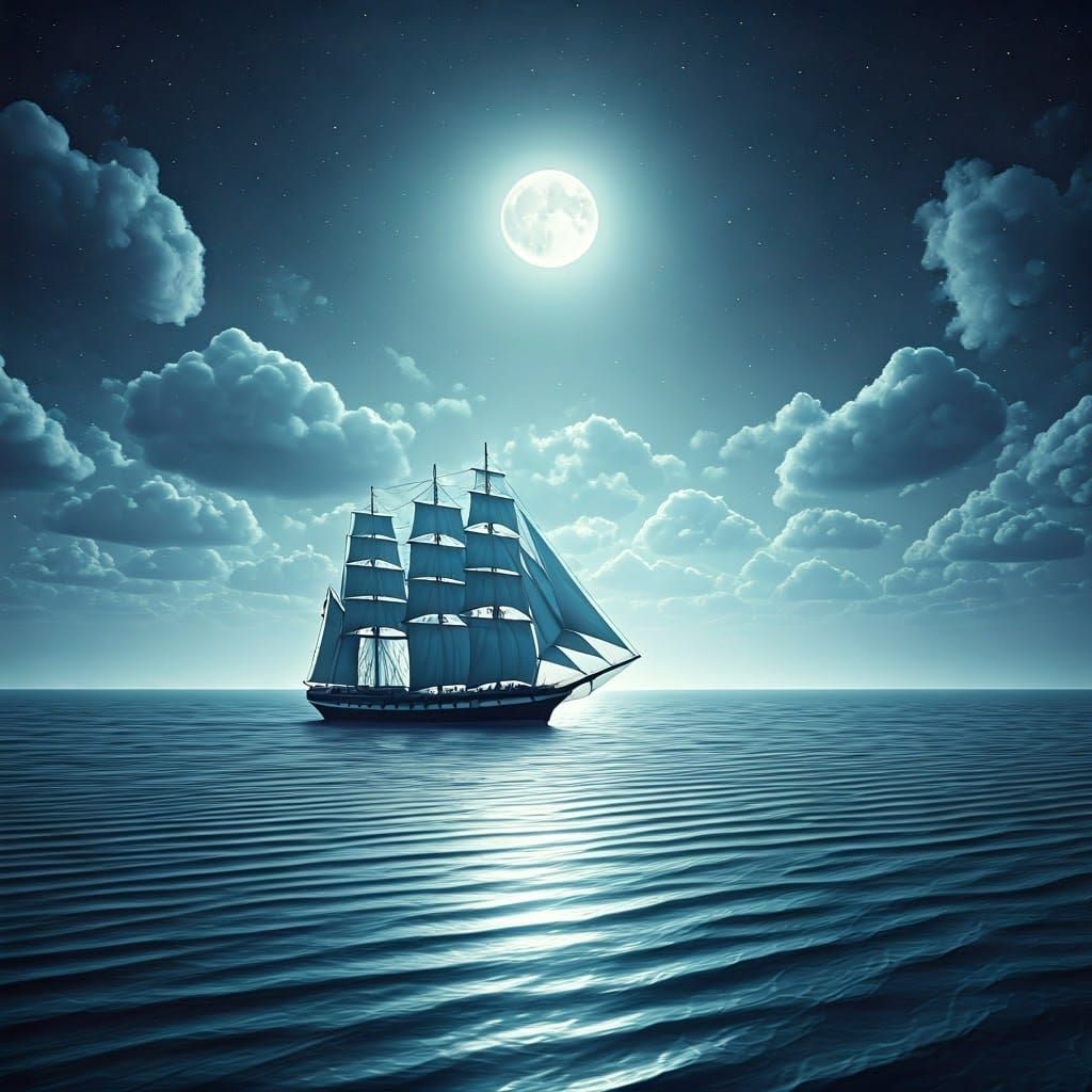 Sailing Ship on Glassy Ocean Under Moonlight