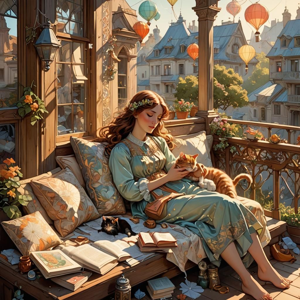 Girl on Balcony in Mucha Art Nouveau Style