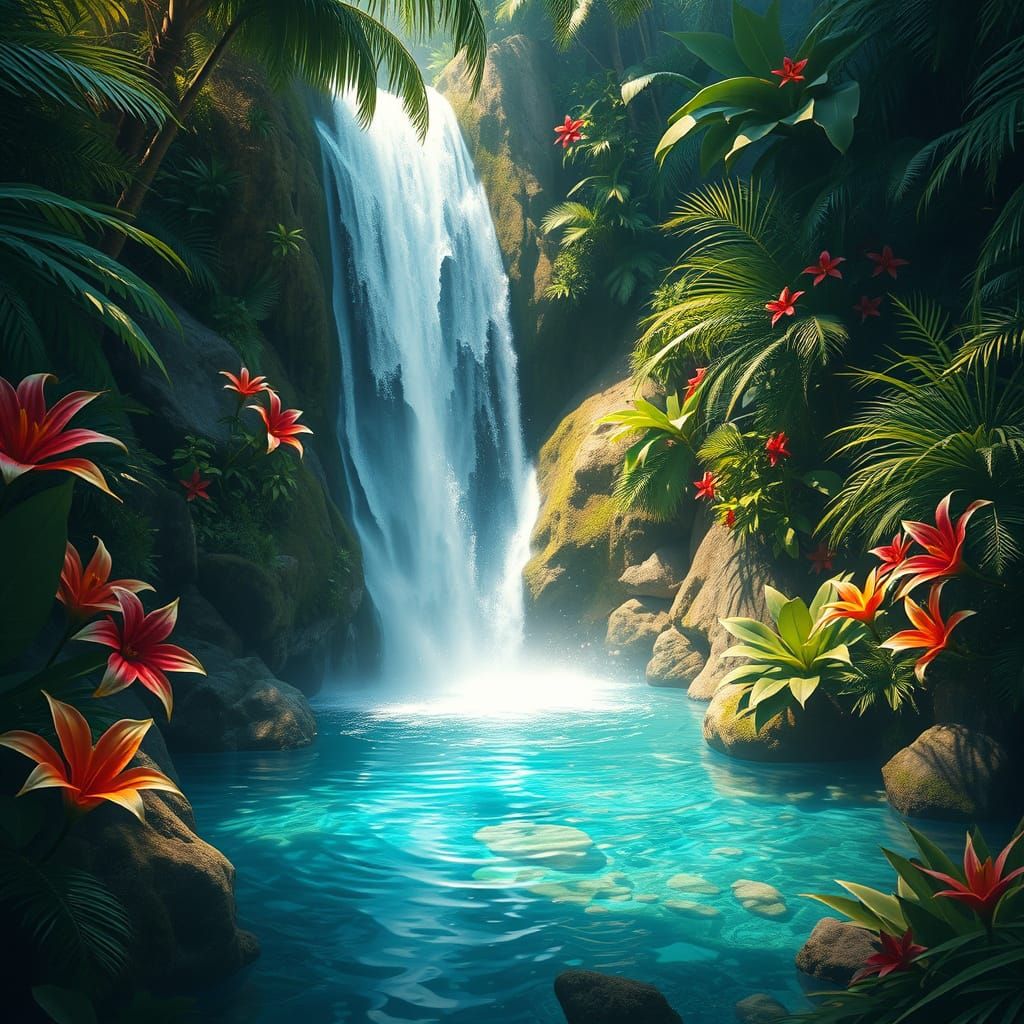 Hyperrealistic Tropical Rainforest Waterfall in Splendid Det...