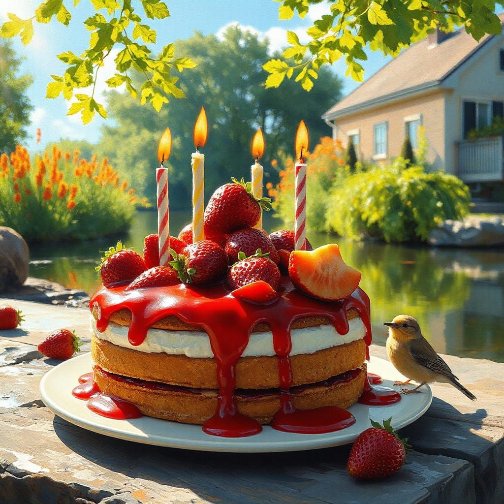 Melting Strawberry Cake by Creek, in Gouache Style