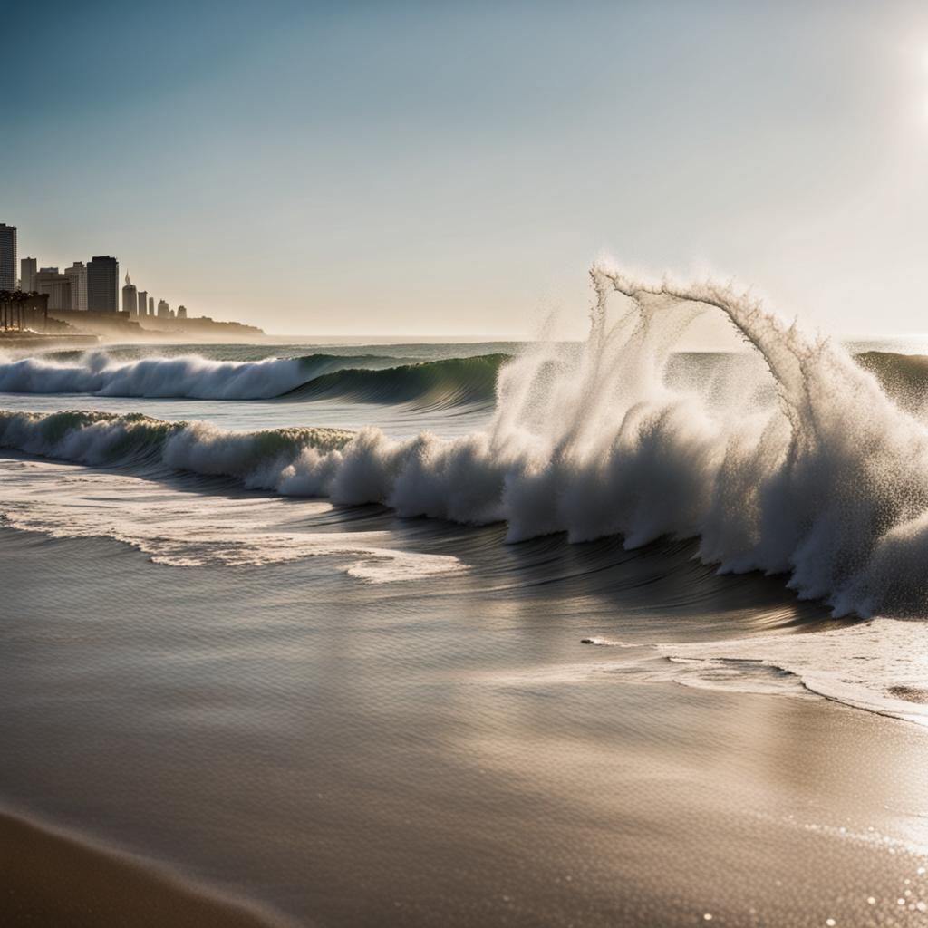Beach View: Waves, Surfers, Early Morning Light