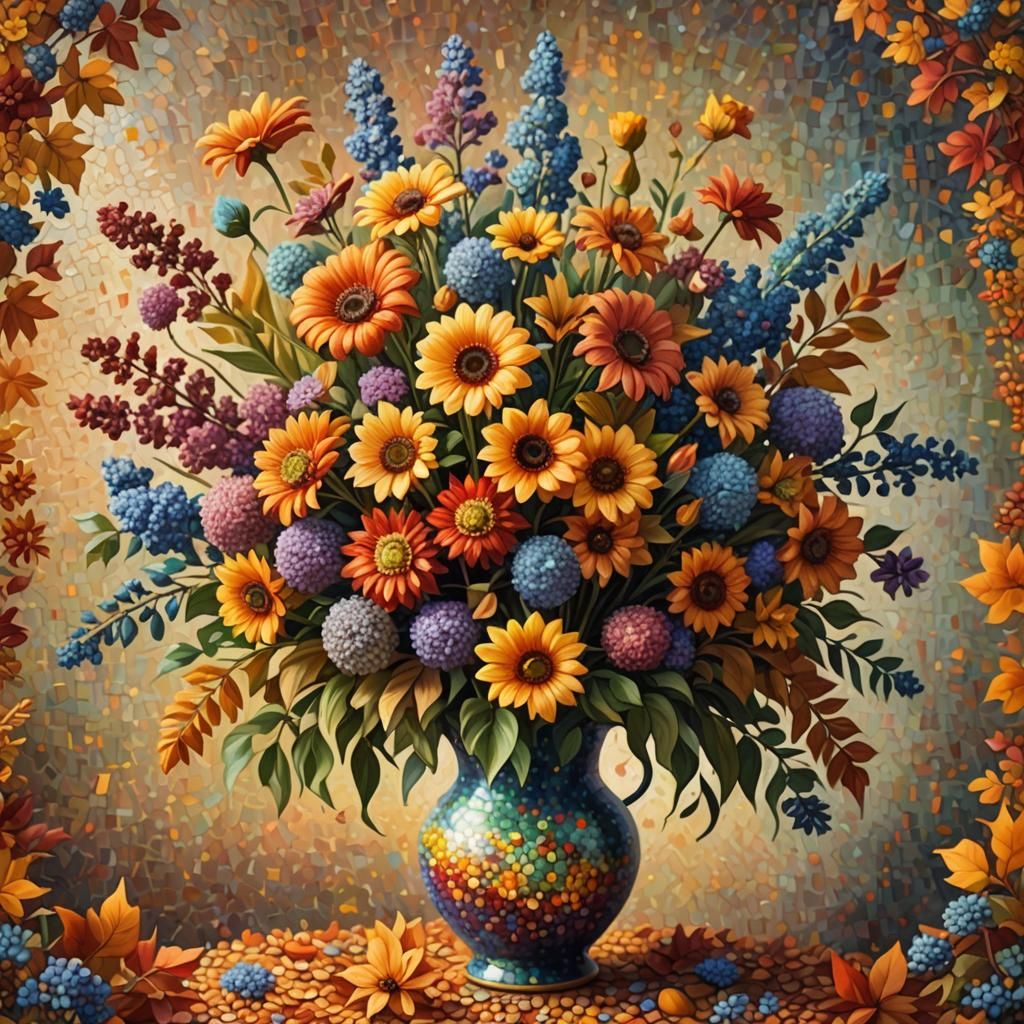 Pointillism style painting of an amazing autumn flowers bouq...