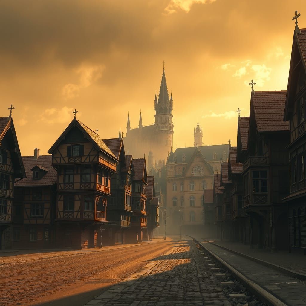 Painting of a city. A ghostly pall of ash cloaks the city, muting the once vibrant hues of its timber-framed houses and ...