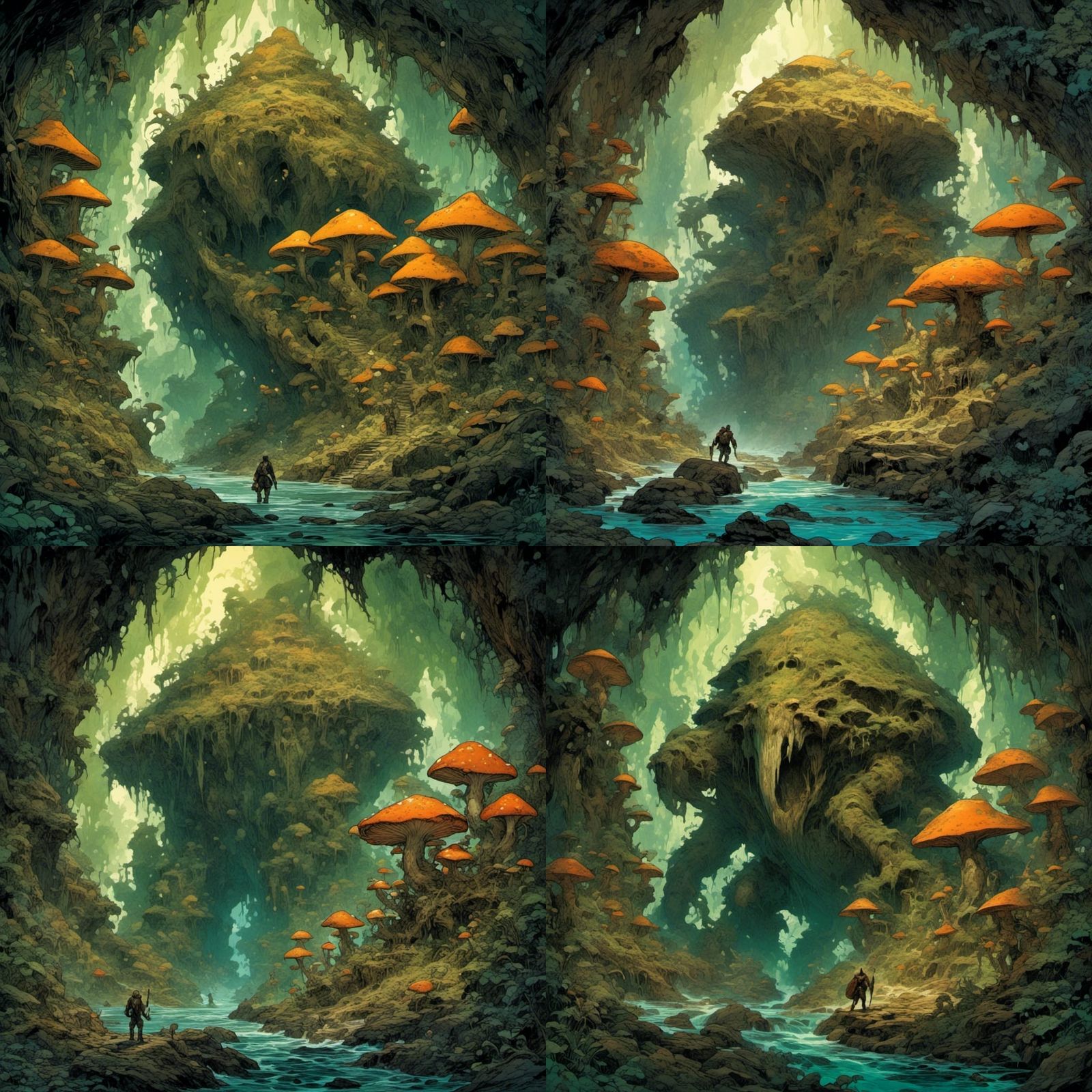 Mushroom Creature Warrior in Cavern, Fantasy Illustration