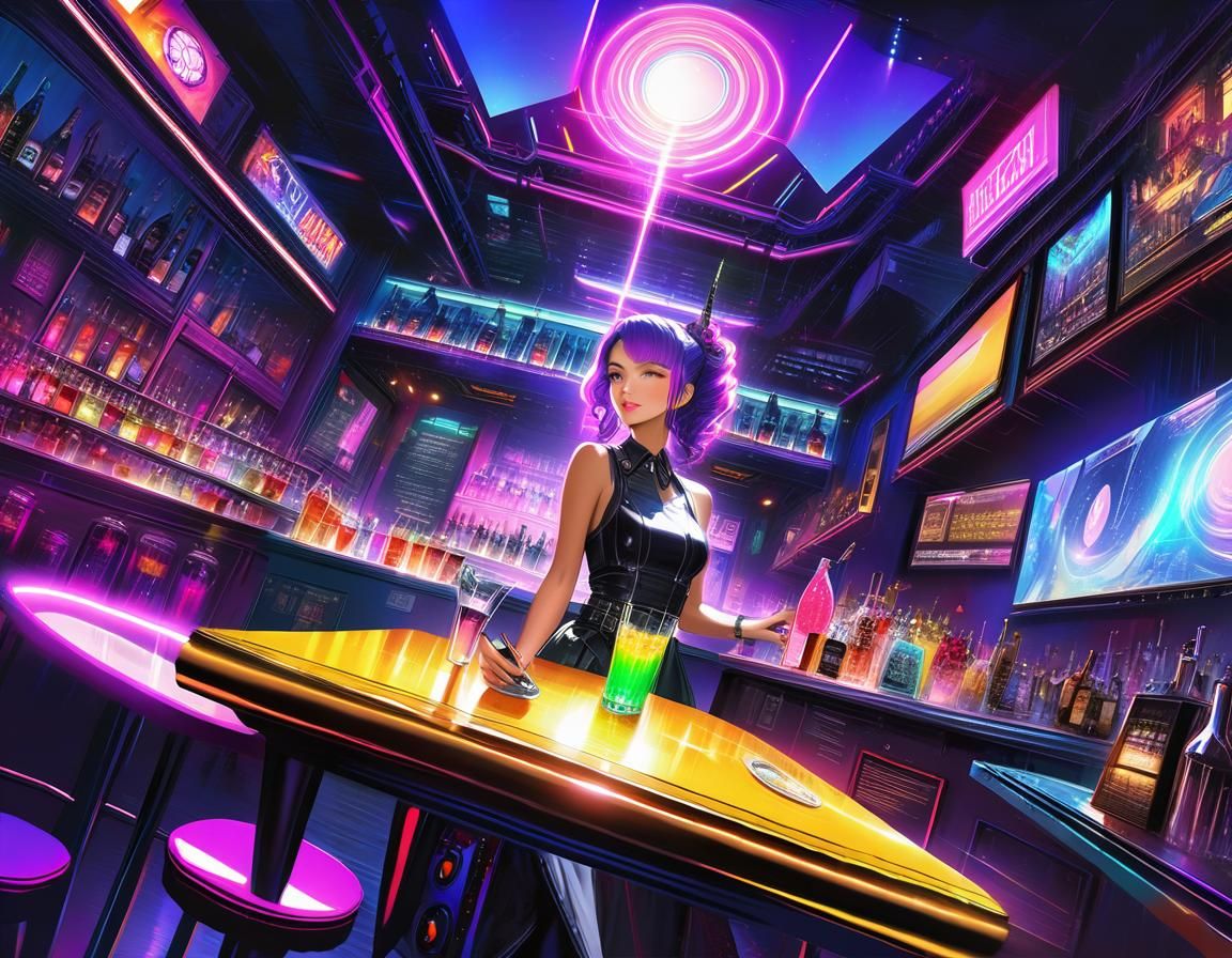 Robot Bartender in Crowded Cyberpunk Tavern