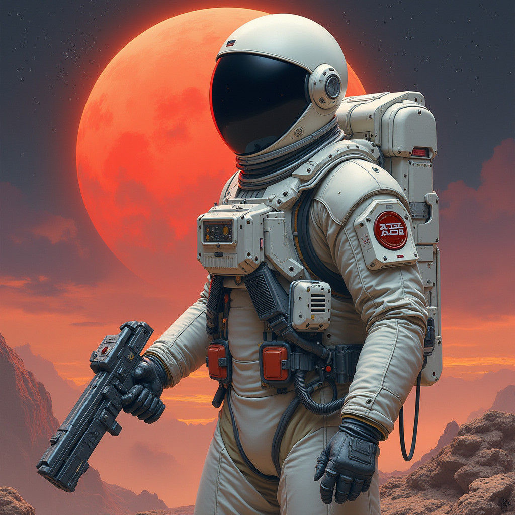 Astronaut on Crimson Planet in Sci-Fi Style
