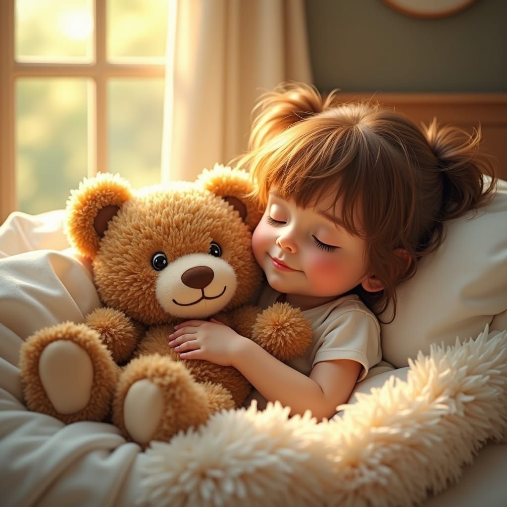 Girl Sleeping with Teddy Bear: Whimsical Illustration