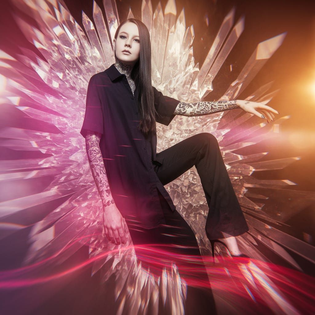 Gothic Emo Goddess in Mid-Air, Surrounded by RGB Glitch