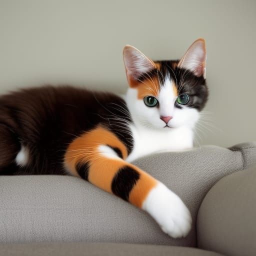 Calico Cat with Kittens on Plush Couch