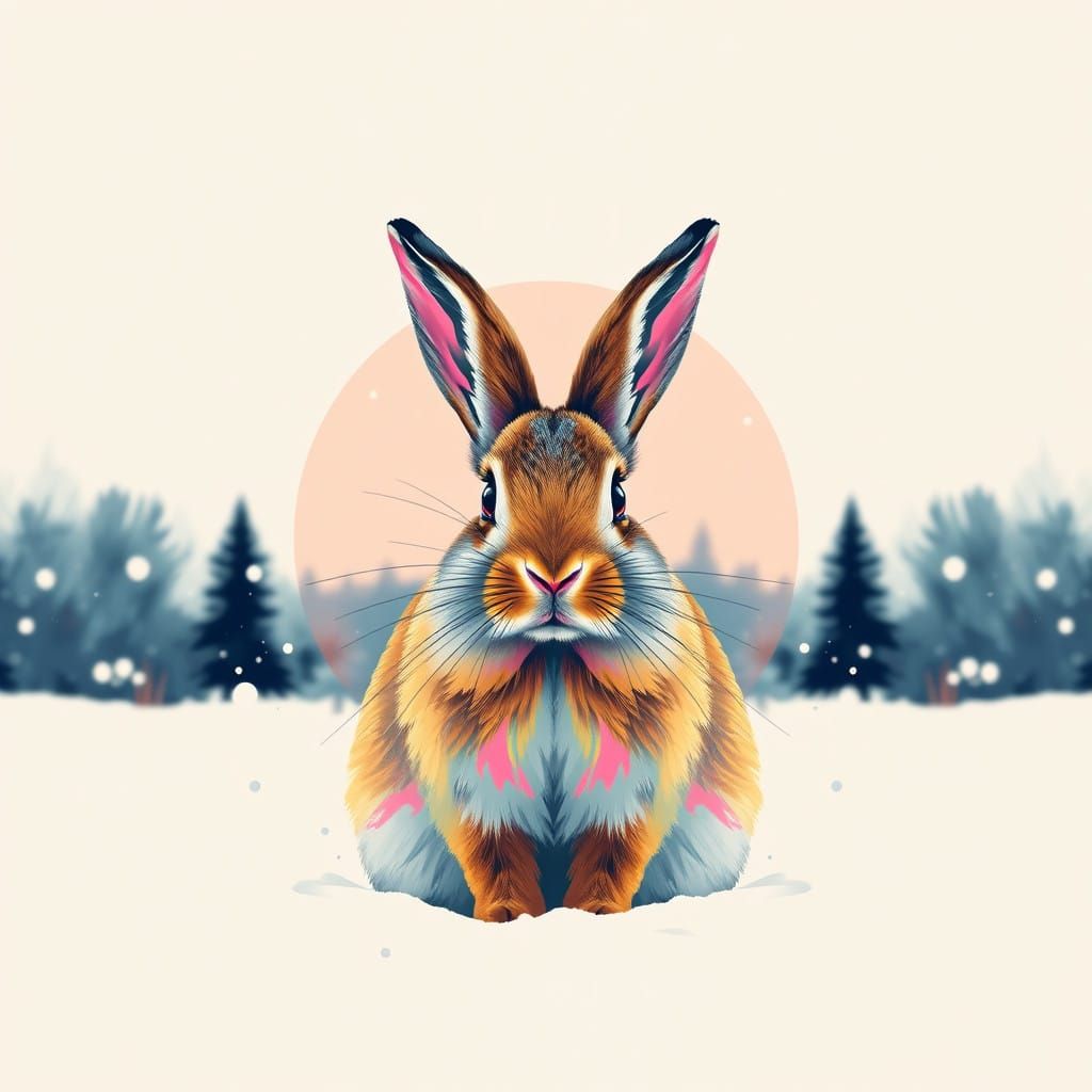 Vibrant Pop Art Rabbit Defies Blizzard Chaos