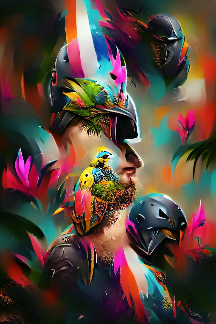 Tropical Birds Adorn Warrior Helmet, Digital Art