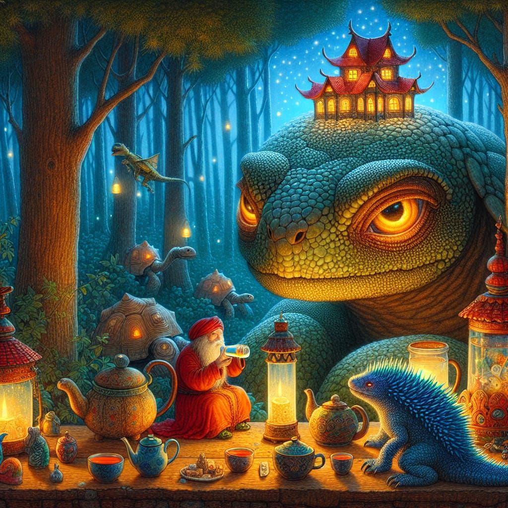 Enchanted Forest Scene with Giant Tortoise and Castle