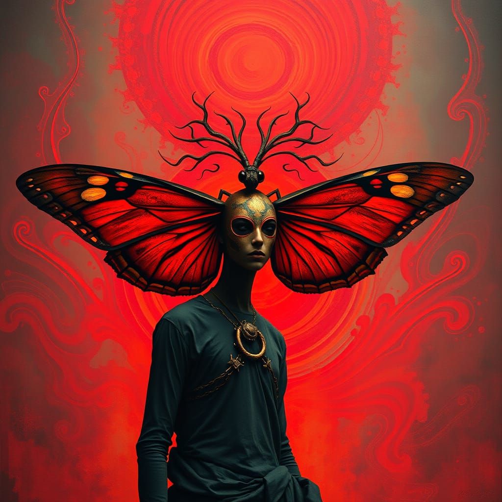 Surreal Figure Adorned with Elaborate Moth Headdress in Vibr...