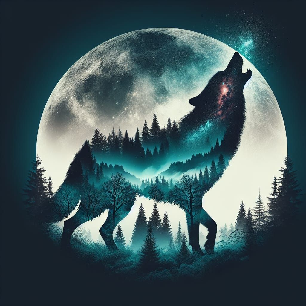 Wolf Howling in Cosmic Forest Double Exposure