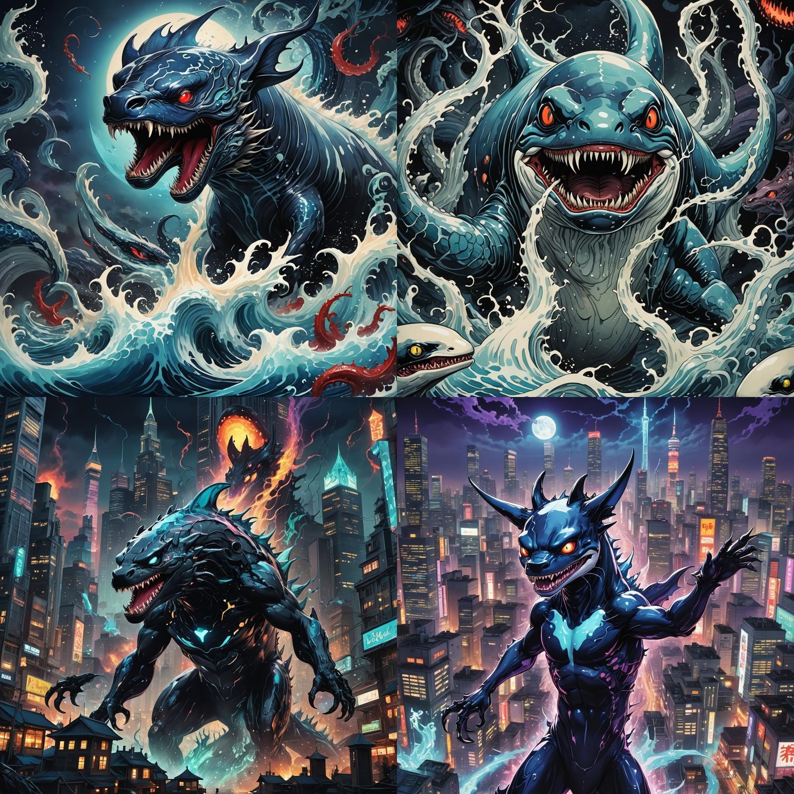 Demonic Porcelain Orca Kaiju in Anime Style