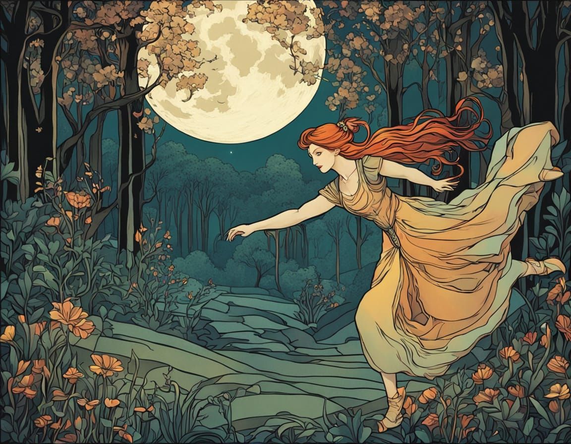 Art Nouveau Vixen Dances in Enchanted Moonlit Glade