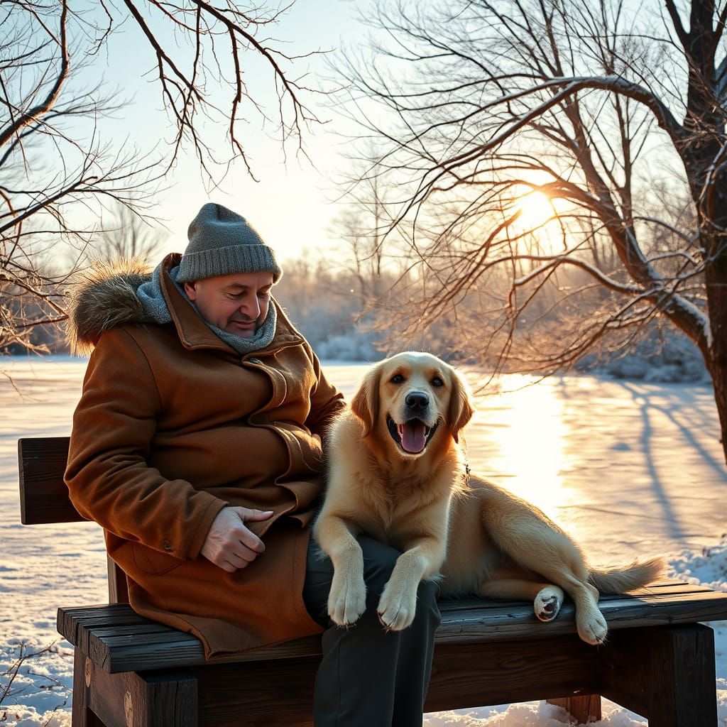 Winter Serenity: Gentle Man and Dog by Frozen Pond in Soft B...