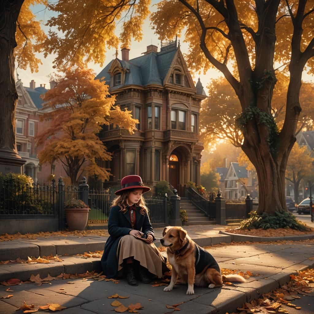 Victorian Girl and Dog in Autumn Light