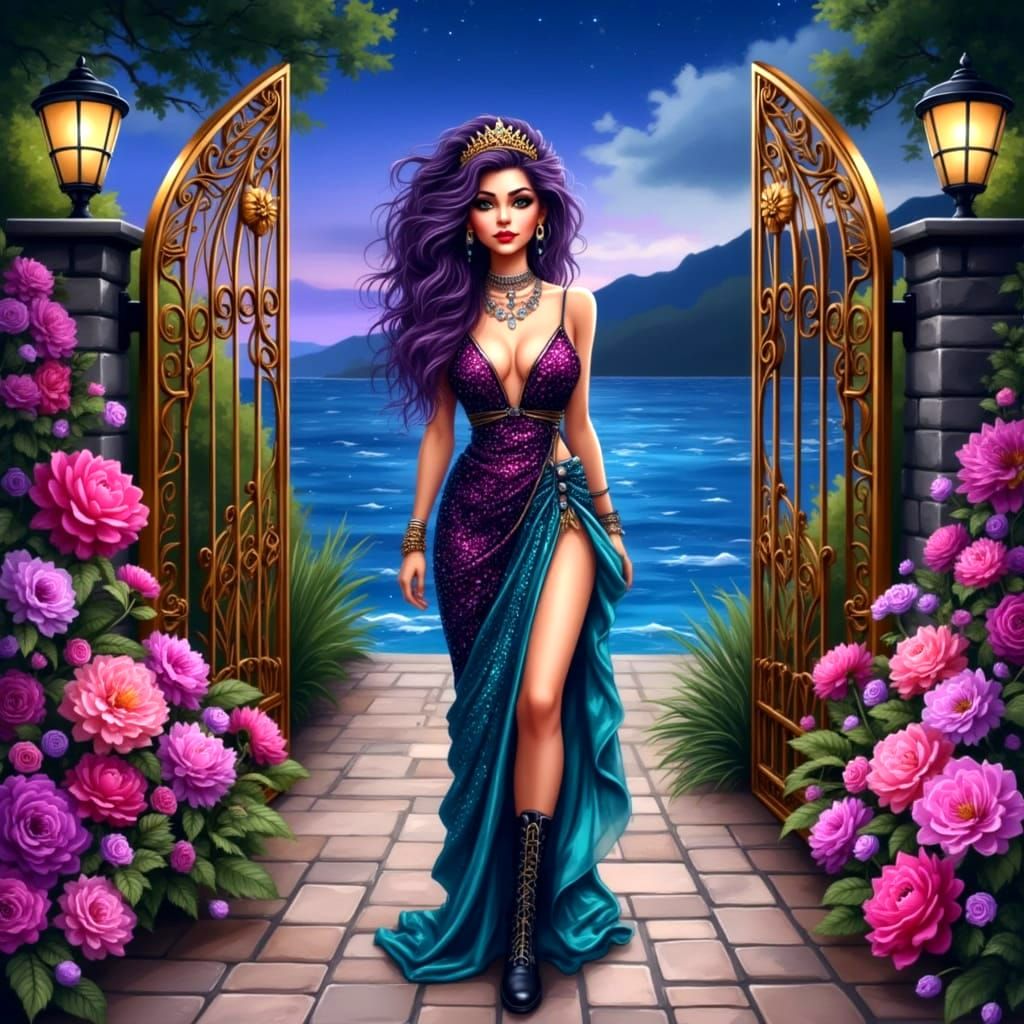 Regal Rebel Goddess in Whimsical, Dreamlike Setting