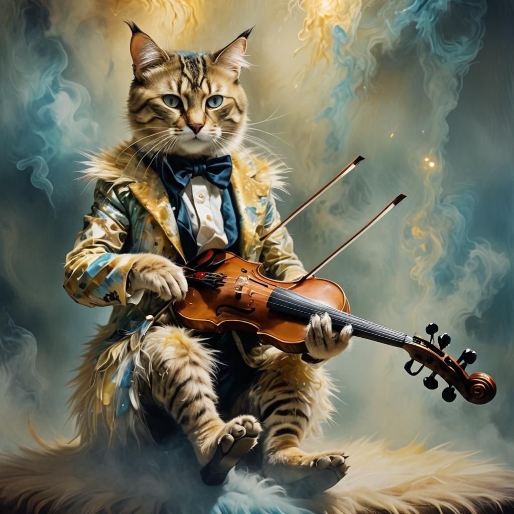 Surreal Abstract Cat with Violin Face, Dreamlike Colors