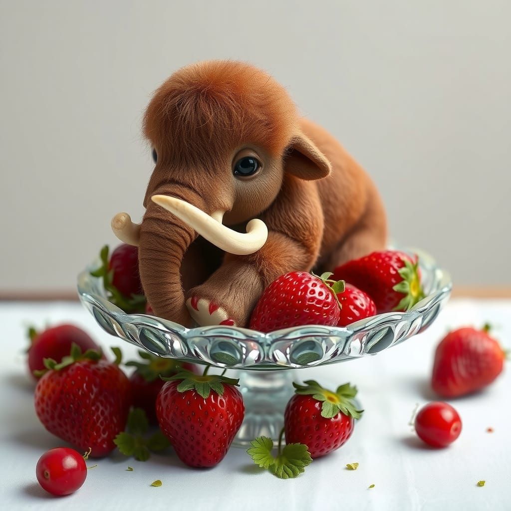 Whimsical Baby Mammoth Surrounded by Strawberries in a Class...