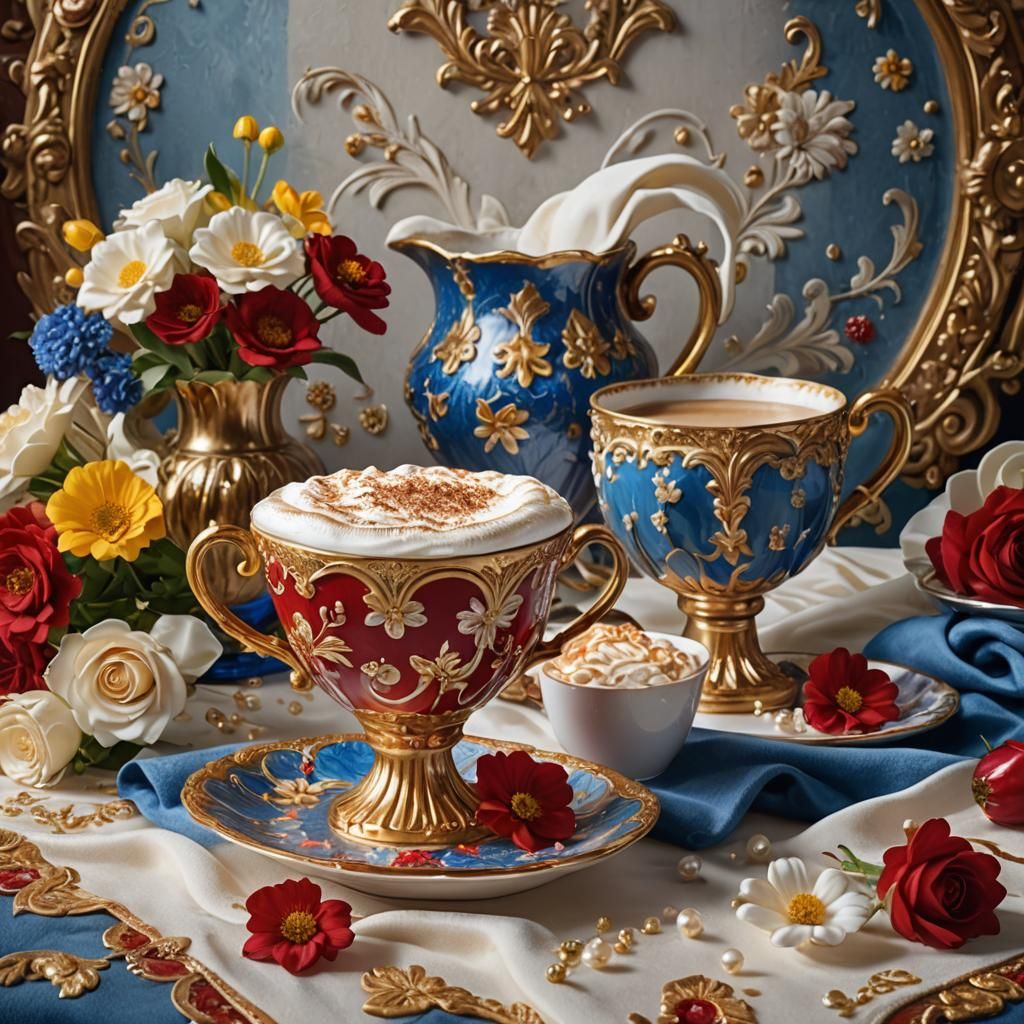 Cappuccino and Flowers in Hyper-Realistic Splash Art