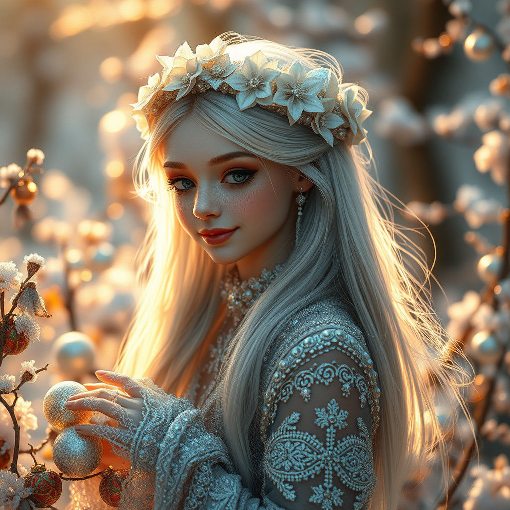 Winter Forest Fairy in Iridescent Gown with Snowflake Detail...