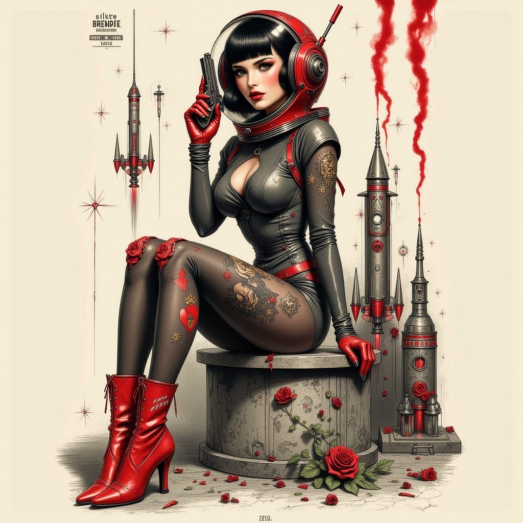 Retro Space Girl in Geo Nouveau Style