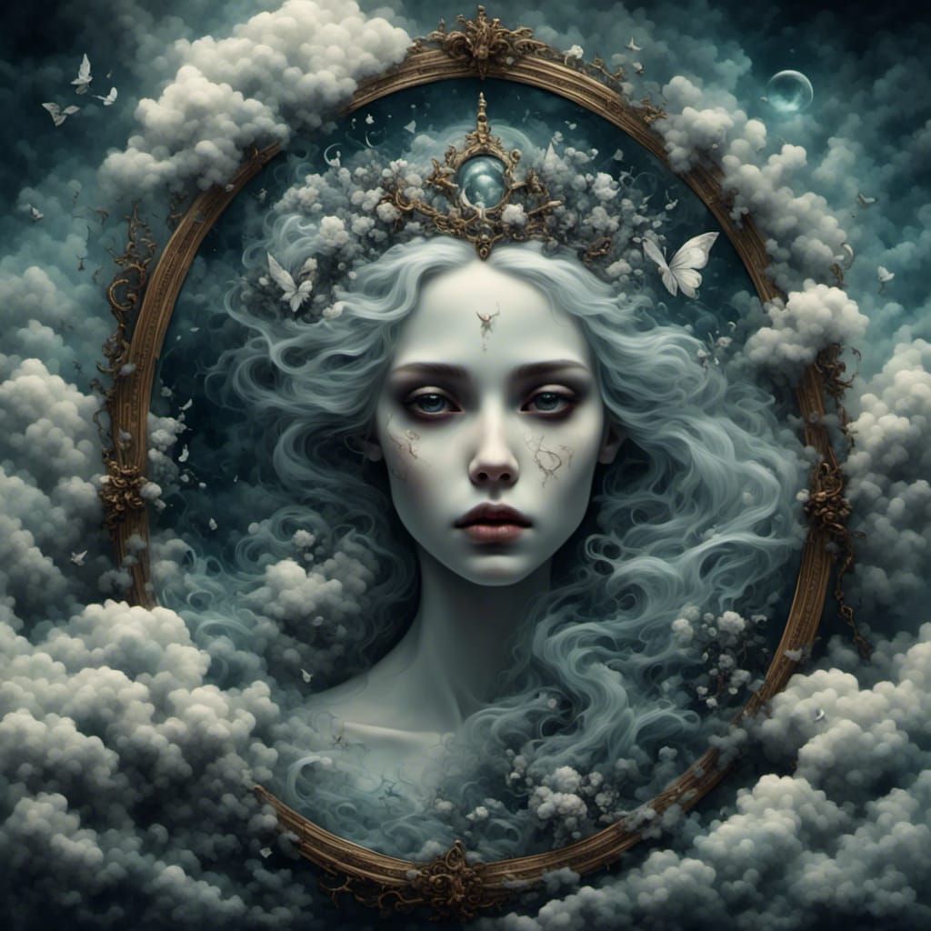 Ethereal Queen in Gothic Mirror, Dreamy Watercolor