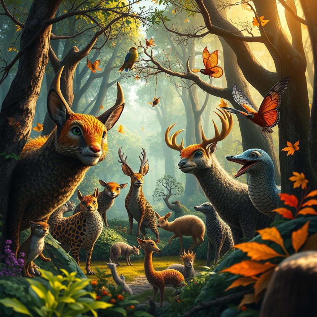 Hyperrealistic Wildlife in Fantastical Forest Scene