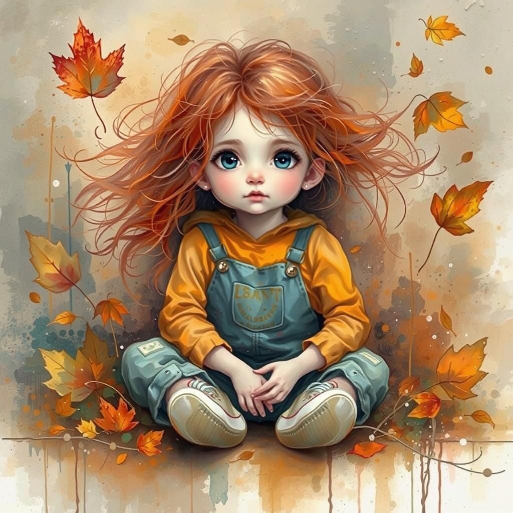 Bizarre painterly fantasy art, oil paint splashes, intuitive muted colors, a cute toddler girl in dungarees, sneakers,...