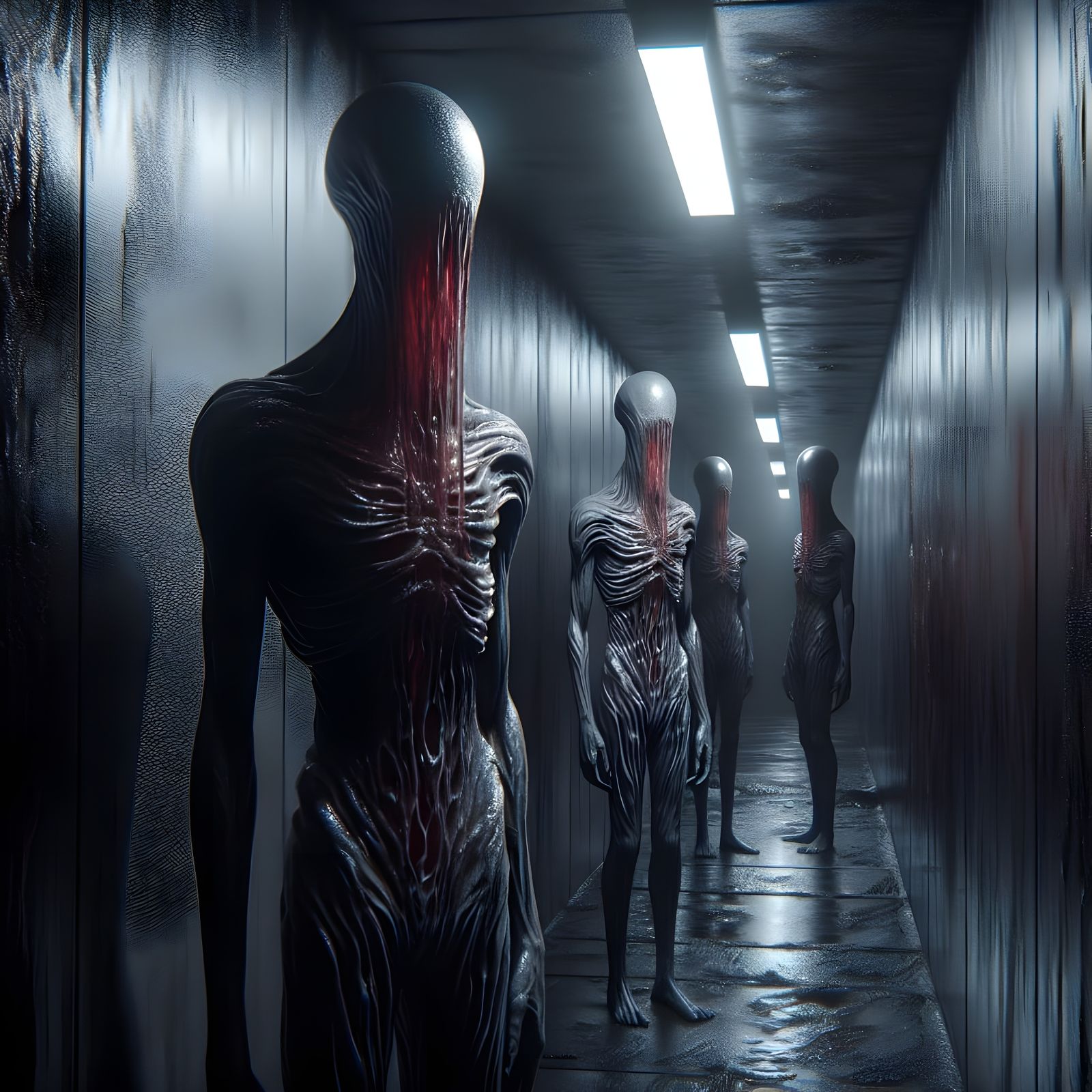 Unsettling Faceless Figures in Dim Hallway