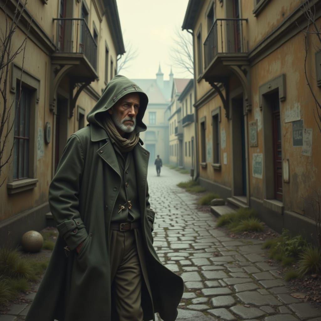 Detailed Portrait of Man in Overcoat Walking Through Village