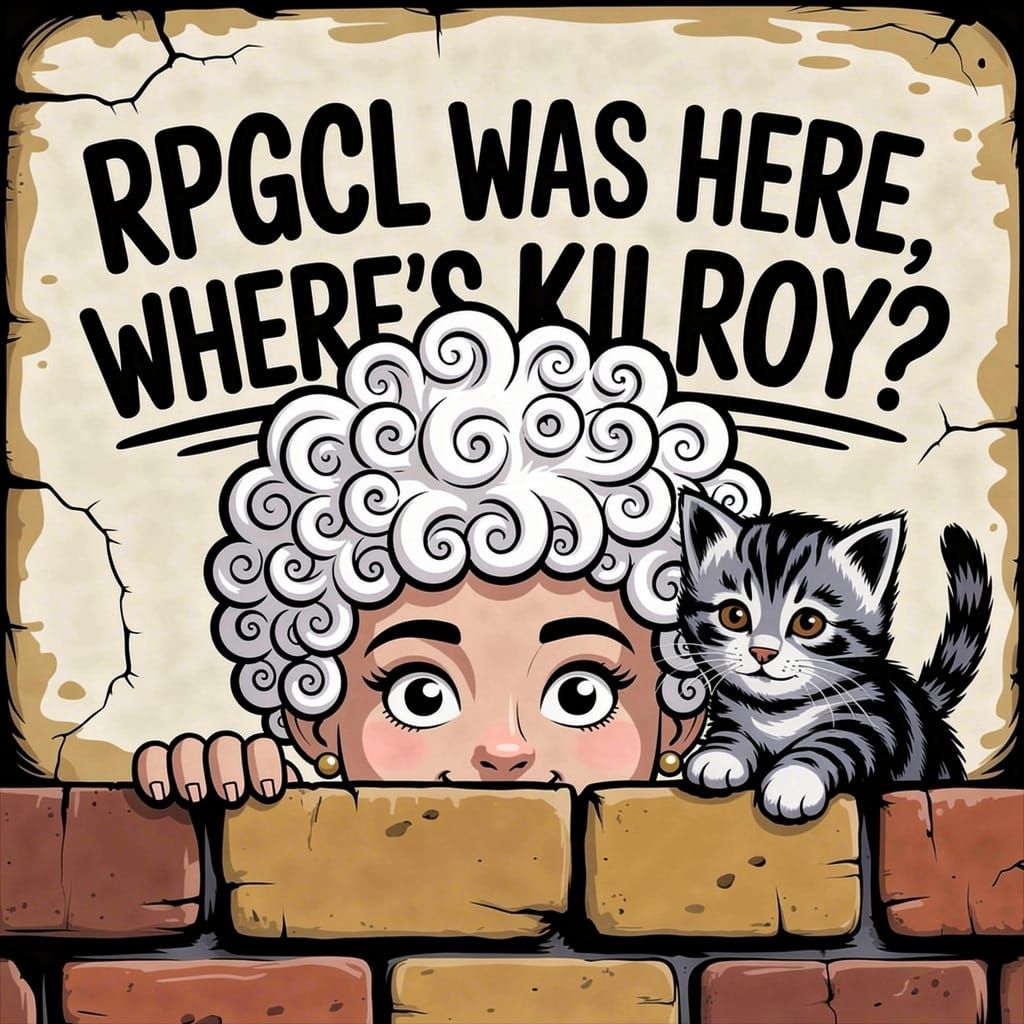 Kilroy Was Here Character with Kitten and Custom Text