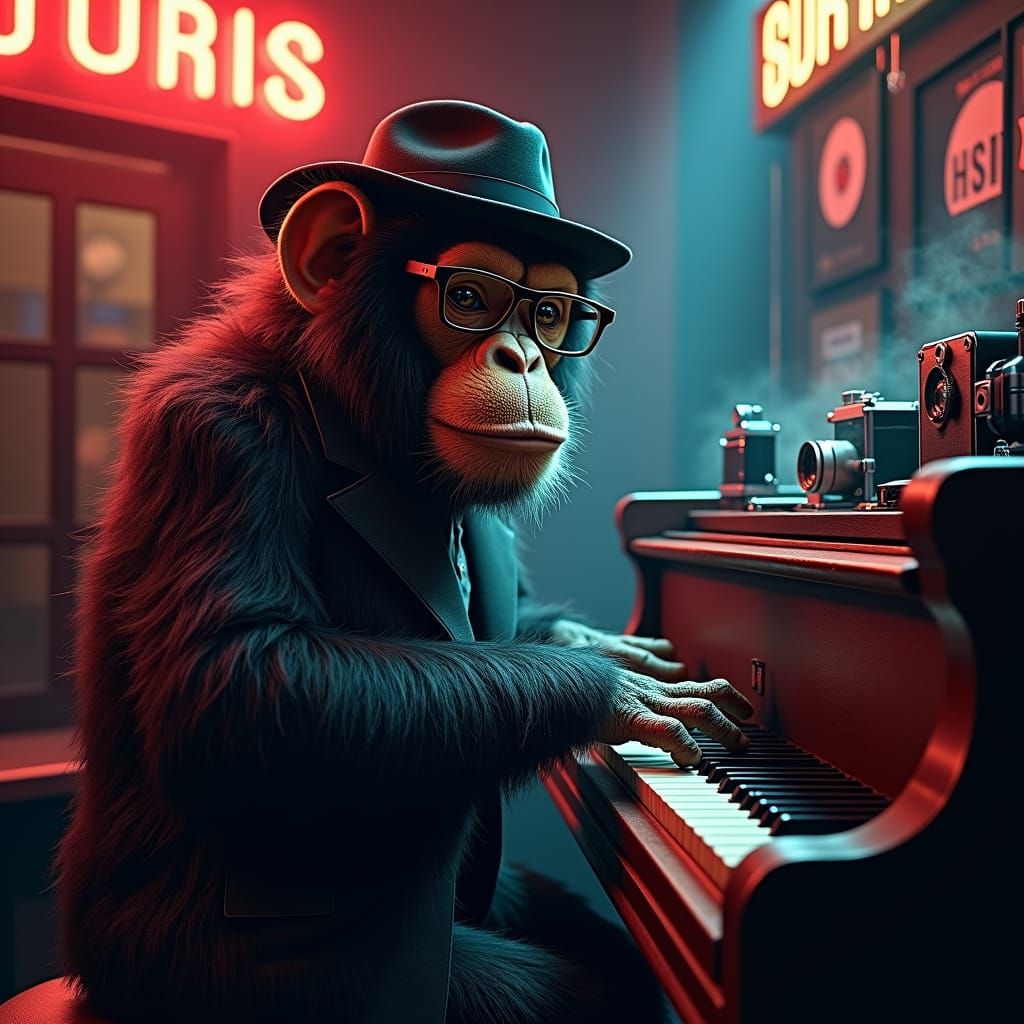 Monkey Jazz Pianist in Neon-Lit Club