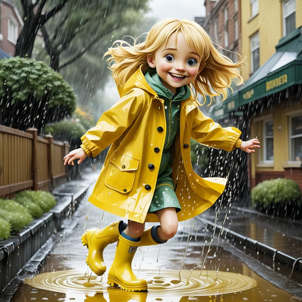 Smiling Girl in Yellow Raincoat Jumping in Puddles
